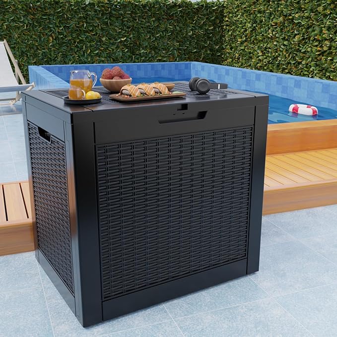 36 Gallon Outdoor Deck Box,Storage Lockable Waterproof Patio Furniture,Garden Tools,Cushions,Pool Accessories Outside Storage Resin Box(Black Pattern)-CasaMuseHome