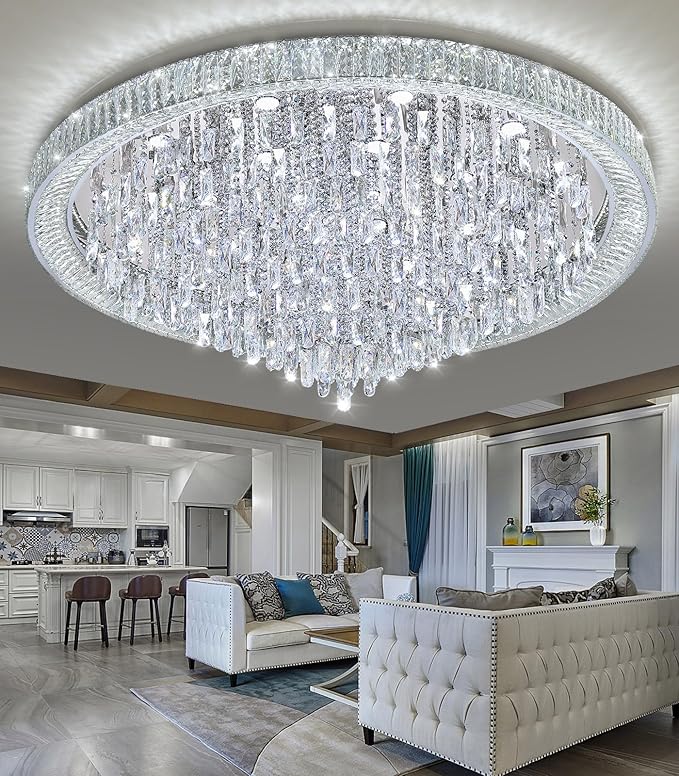 53.7'' Modern Chandeliers LED Dimmable Crystal Flush Mount Ceiling Chandeliers for Living Room High Ceiling Entrance Foyer Lobby Bedroom Silver-CasaMuseHome