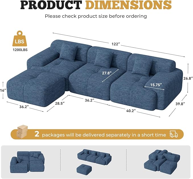 122" Modern L Shaped Modular Sectional Sofa, Boneless Couches for Living Room with Ottoman,4 Seater Convertible Chenille Cloud Couch Sofa Set, No Assembly Required, Blue 1 PCS-CasaMuseHome