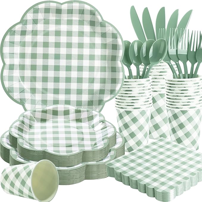 350 Pcs Sage Green Gingham Paper Plates and Napkins Party Supplies - Sage Green and White Checkered Plates Scalloped Plaid Plate for Birthday Dinner Picnic BBQ Party Decorations, Serve 50 Guests-CasaMuseHome