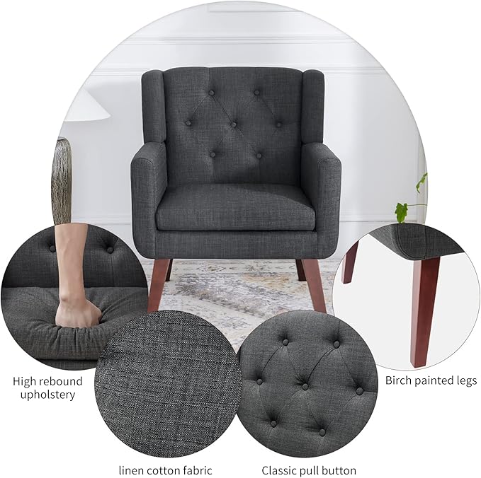 Accent Chair Button-Tufted Upholstered Living Room Chairs Comfy Reading Chair Mid Century Modern Chair with Linen Fabric Lounge Arm Chairs for Living Room Bedroom (Grey Set of 2)-CasaMuseHome