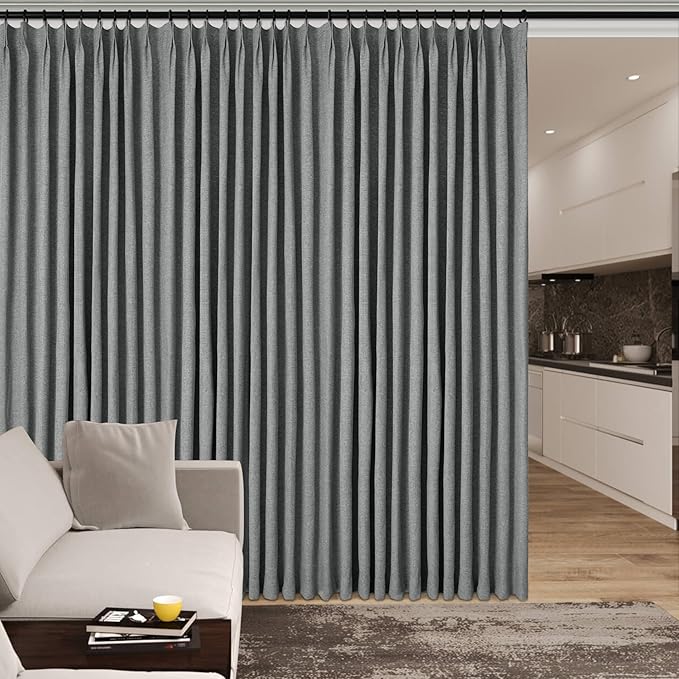 150 Inches Extra Wide Room Divider Draperies, Pinch Pleat Drapes, Absolutely Blackout Sliding Door Drapery, Total Privacy Ceiling Track Curtains, 150" W by 84" L, Mid Grey (1 Panel)-CasaMuseHome