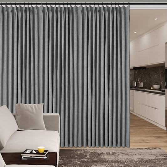 150 Inches Extra Wide Room Divider Draperies, Pinch Pleat Drapes, Absolutely Blackout Sliding Door Drapery, Total Privacy Ceiling Track Curtains, 150" W by 84" L, Mid Grey (1 Panel)-CasaMuseHome
