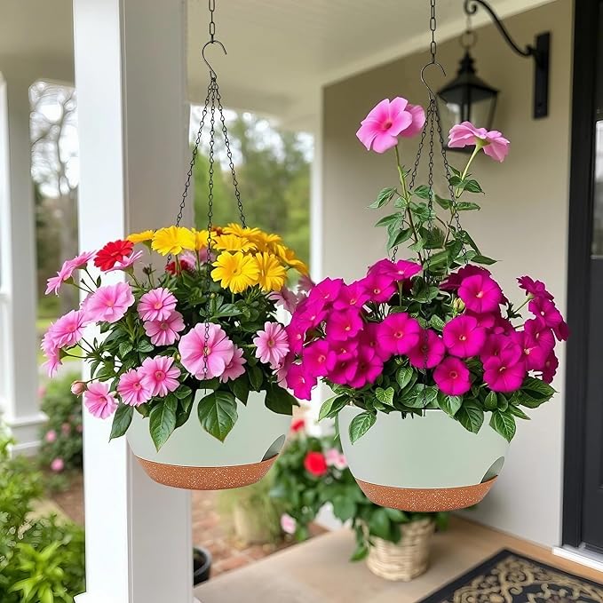 2 Pack Hanging Planters for Indoor Outdoor Plants, 12 Inch Self Watering Hanging Pot with Drainage Holes and Saucer, Plastic Plant Pots, Green Brown Flower Pots for Kitchen, Balcony, Garden-CasaMuseHome