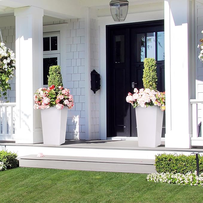 22.5" Tall Planters Set of 2, Outdoor＆Indoor Black Planter Pots, High Front Porch Planter Pots with Drainage Holes＆Water Level Monitor＆Inner Bucket, Automatic Watering, White-CasaMuseHome