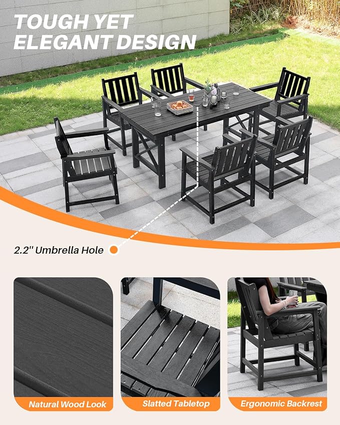 7 Pieces HDPE Outdoor Dining Set, Patio Dining Set with Umbrella Hole, All Weather Outdoor Dining Table Sets for 6, HDPE Patio Furniture Sets for Deck, Backyard, Lawn, and Poolside, Obsidian-CasaMuseHome