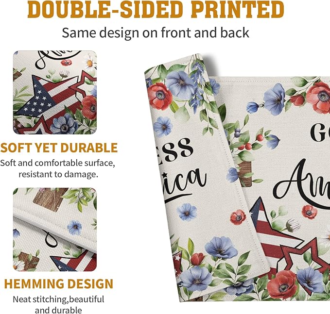 4th of July Placemats Set of 4 Patriotic Floral Cross Stars Independence Memorial Day Place Mats 12x18 Inch God Bless America Linen Fabric Table Mats for Party Kitchen Dining Decoration-CasaMuseHome