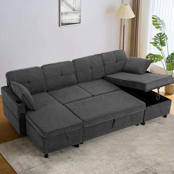 110 Inches Chenille Sectional Sofa w/Adjustable Back & Pull Out Sofa Bed, Tufted U Shaped Couch w/Two Storage Chaises, Sleeper Sectional Sofa w/USB Port & Cup Holders for Living Room, Grey-CasaMuseHome
