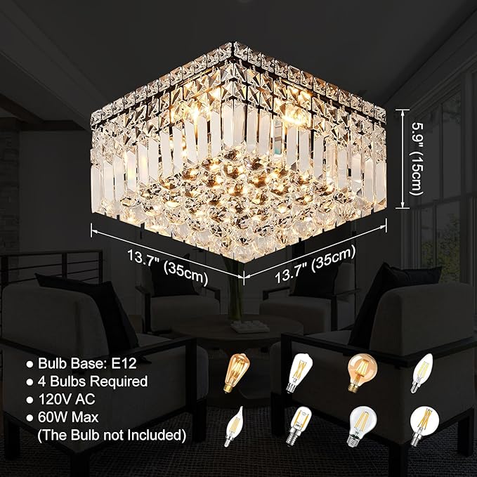 4-Light Black Crystal Chandeliers Flush Mount Chandelier Light Fixture with K9 Crystals Modern Ceiling Lights Elegant Square Lamp for Bedroom,Hallway,Bar,Living Room,Dining Room,H5.9 xW13.7-CasaMuseHome