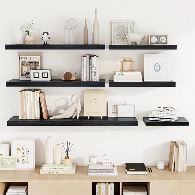 24 Inch Floating Shelves, 24"x9.25"x1.5" Inch Deep Floating Shelves for Wall, Wooden Shelves for Bathroom, Bedroom, Living Room, Black-CasaMuseHome