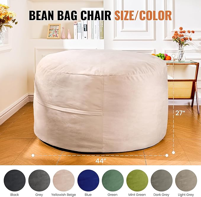 4FT Bean Bag Chair: Bean Bag with Velvet Cover, Fluffy and Comfy Bean Bag Chairs for Adults and Kids, Bean Bag Sofa Filled with High-Density Sponge for Gaming (Yellowish Beige)-CasaMuseHome