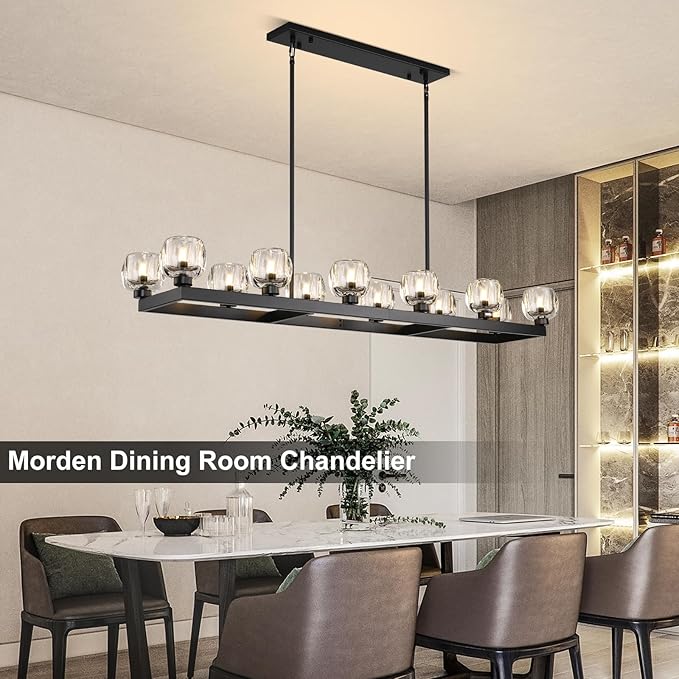 59 Inch Black Rectangle Wagon Wheel Chandeliers, Black Chandelier for Dining Room Over Table, Modern Crystal Long Chandelier, Farmhouse Large Linear Chandeliers for Kitchen Island-CasaMuseHome