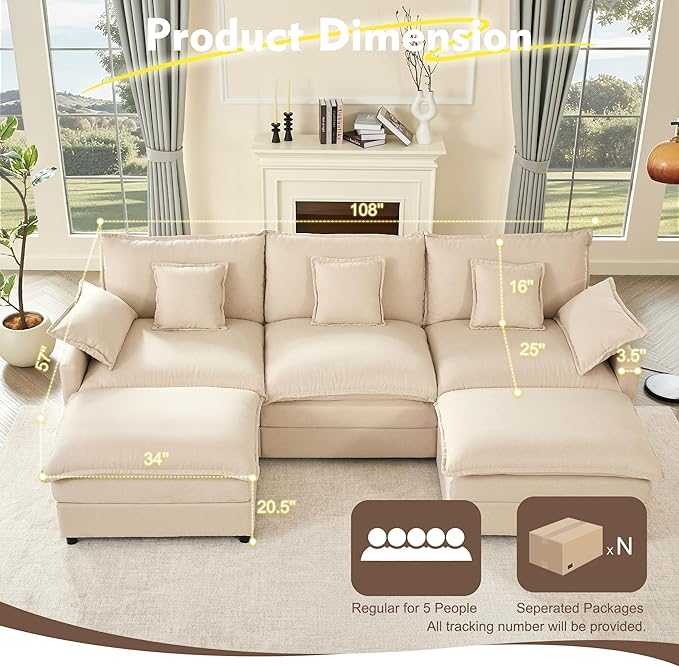 108" U Shaped Couch, Modular Sectional Sofa, 3-Seater Comfy Cloud Couch with Movable Ottoman, Deep Seat Couches for Living Room, Linen, Beige-CasaMuseHome