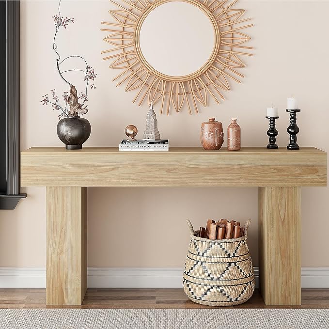 63 Inch Long Console Table for Entryway, Farmhouse Wood Rectangular Sofa Table Behind Couch Table, Narrow Entryway Table for Living Room, Entrance, Hallway, Foyer, Easy Assembly (Natural)-CasaMuseHome