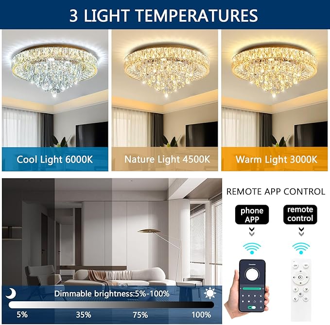 23.6'' Modern Crystal Chandeliers LED Dimmable Flush Mount Ceiling Chandeliers for Living Room Entrance Foyer Bedroom Gold-CasaMuseHome
