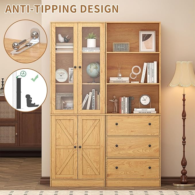 71" Tall Bookshelves Set of 2, Bookcase with Drawers & Bookshelf with Doors, Wooden Bookshelves Floor Standing Display Storage Shelves Home Decor Furniture for Home Office, Living Room,Natural-CasaMuseHome