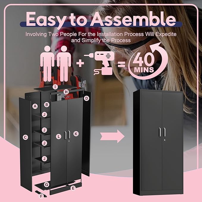 71" Garage Storage Cabinets with Lock, Cabinets with Doors and Shelves, Kitchen Pantry Cabinet, Metal Cabinet for Office, Garage, Shop, School, Assemble Required, Black-CasaMuseHome