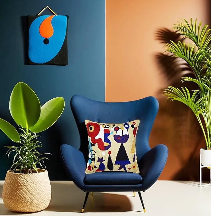 Abstract Decorative Pillow Cover Hand Embroidered Whimsical Toss Pillows Farmhouse Chair Cushion Contemporary Pillowsham Mid-Century Chair Cushions Wool Size 18x18-CasaMuseHome