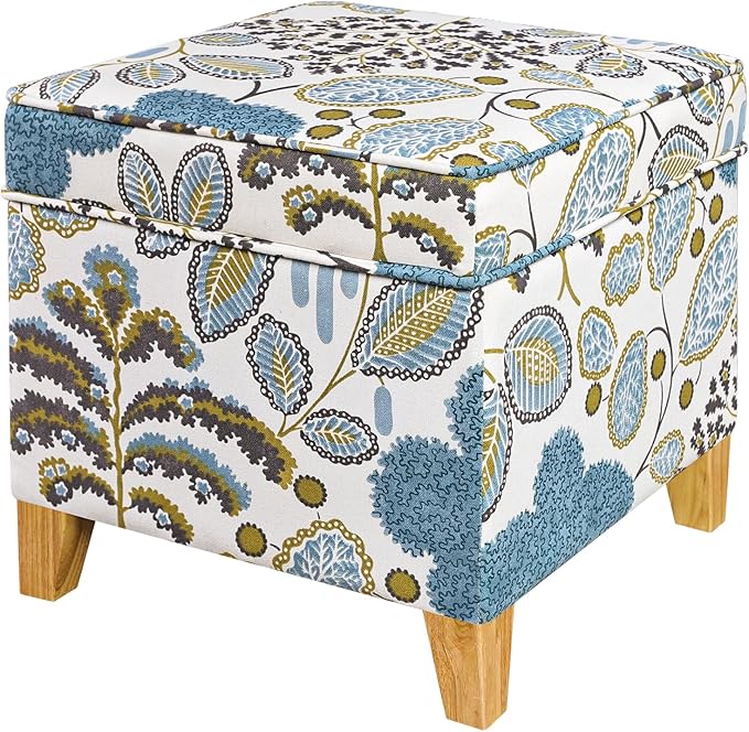 Adeco 18 Inch High Cube Ottoman Storage, Linen Chair Foot Stools, Upholstered Vanity Stool with Hinged Lid, Solid Wood Legs (Blue Leaves)-CasaMuseHome