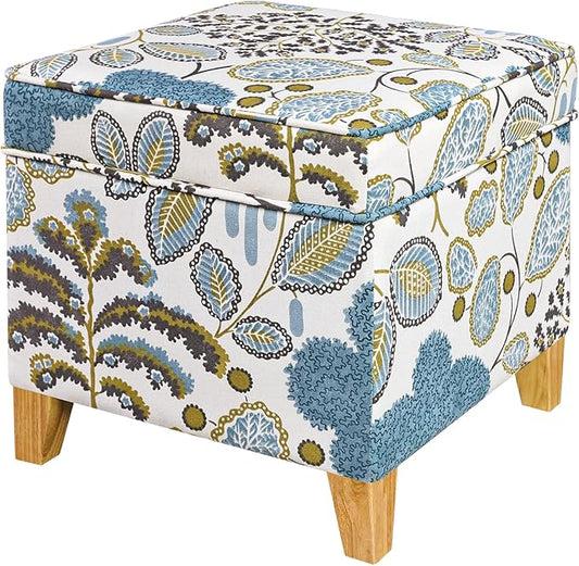 Adeco 18 Inch High Cube Ottoman Storage, Linen Chair Foot Stools, Upholstered Vanity Stool with Hinged Lid, Solid Wood Legs (Blue Leaves)-CasaMuseHome