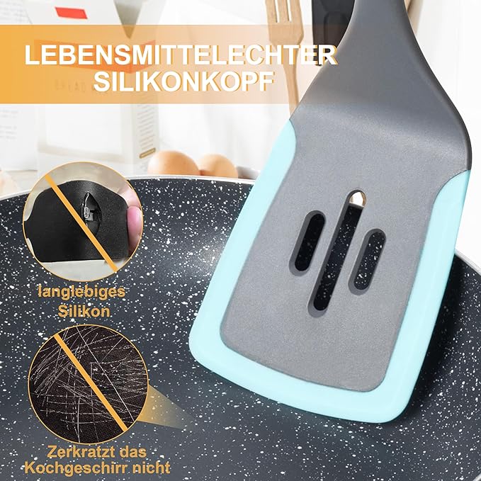 6-Piece Silicone Kitchen Utensil Set with Rotating Stand, Non-Stick, Heat-Resistant (400°F), Nylon Handle, Cooking Spatula Set for Baking & Cooking, Light Blue-CasaMuseHome