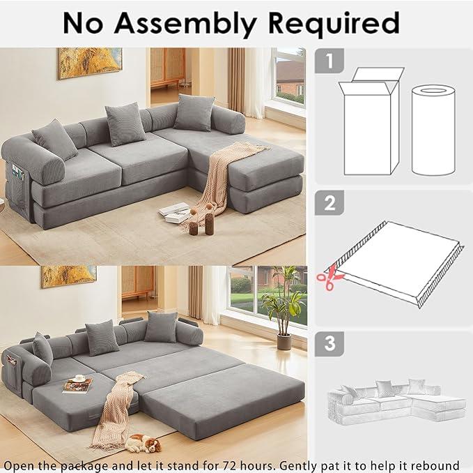 107" Oversized Convertible Sleeper Sofa Bed, Corduroy L Shape Sectional Couch, Folding Sofa Bed with Side Pocket, Modern Cloud Floor Mattress Couch, Modular Sofa for Living Room, Grey-CasaMuseHome