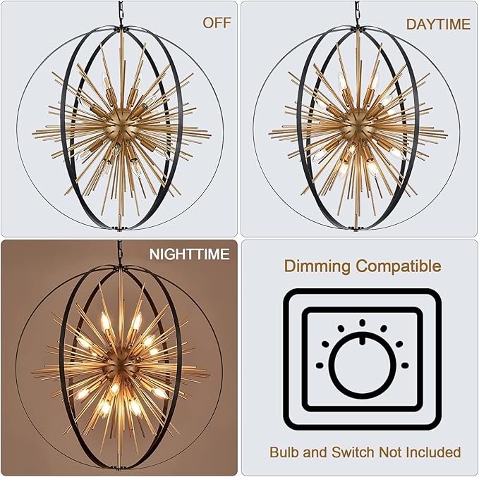 31.5" Black Gold 16-Light Globe Sputnik Chandelier Modern Industrial Adjustable Hanging Ceiling Firework Pendant Light Fixture for Entryway Foyer Stairway Bedroom Dining Living Room Hallway-CasaMuseHome