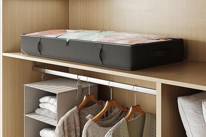 2-Pack Under Bed Storage, 6 Inches Tall Closet Organizers and Storage Bins with Sturdy Sidewalls/Bottom/4 Handles, Black-CasaMuseHome