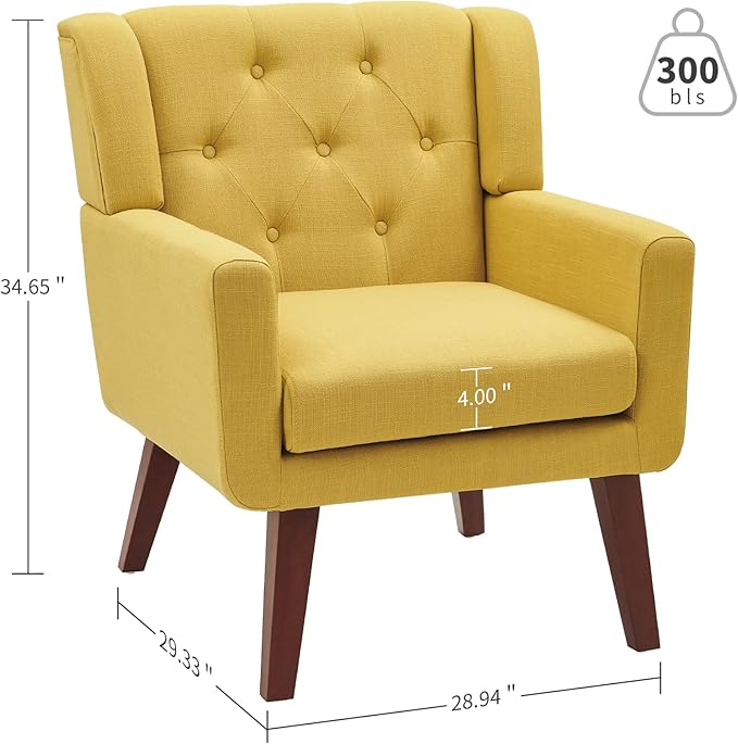 Accent Chair Button-Tufted Upholstered Living Room Chairs Comfy Reading Chair Mid Century Modern Chair with Linen Fabric Lounge Arm Chairs for Living Room Bedroom (Yellow)-CasaMuseHome