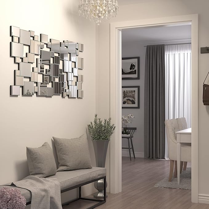 KOHROS Large Silver Wall Mirrors Decorative 48×32 Inch Modern Art Geometric Patchwork Mirror for Wall Decor, Living Room & Entryway Decor, 3D Space - Extending Wall - Mounted Mirror