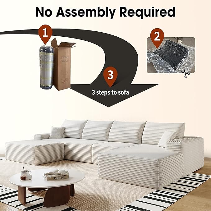 136" Sectional Couches for Living Room Modern Modular Sofa with L-Shape Couchs Upholstered Boneless Couch Deep Seat Sectional Couch with Chaise (White, Right Facing Chaise+3Seaters+Ottoman)-CasaMuseHome