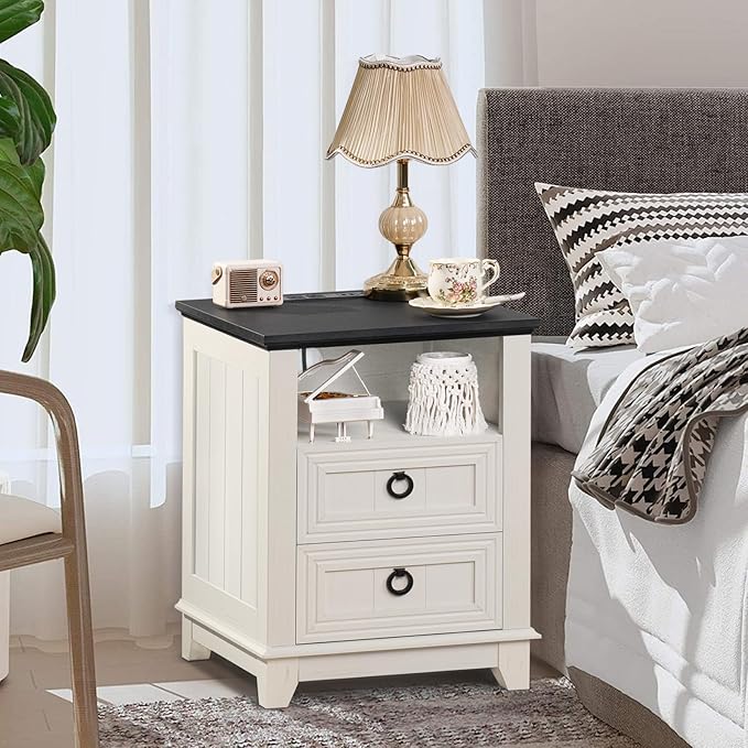 18" Farmhouse Night Stand with Charging Station, 2 Drawers End Table Dresser for Bedroom, White Wooden Nightstand, Bed Side Table with Open Shelf, Bedside Cabinet for Living Room, Closet-CasaMuseHome
