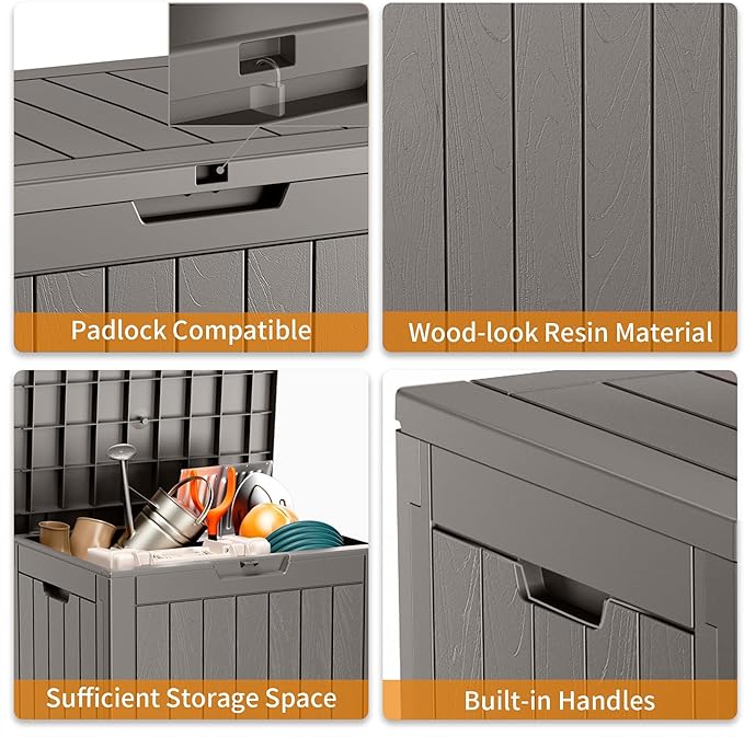 31 Gallon Resin Deck Box, Lockable Patio Outdoor Storage Box for Furniture, Garden Tools and Tools Storage, Waterproof Outside Storage Boxes - Grey-CasaMuseHome