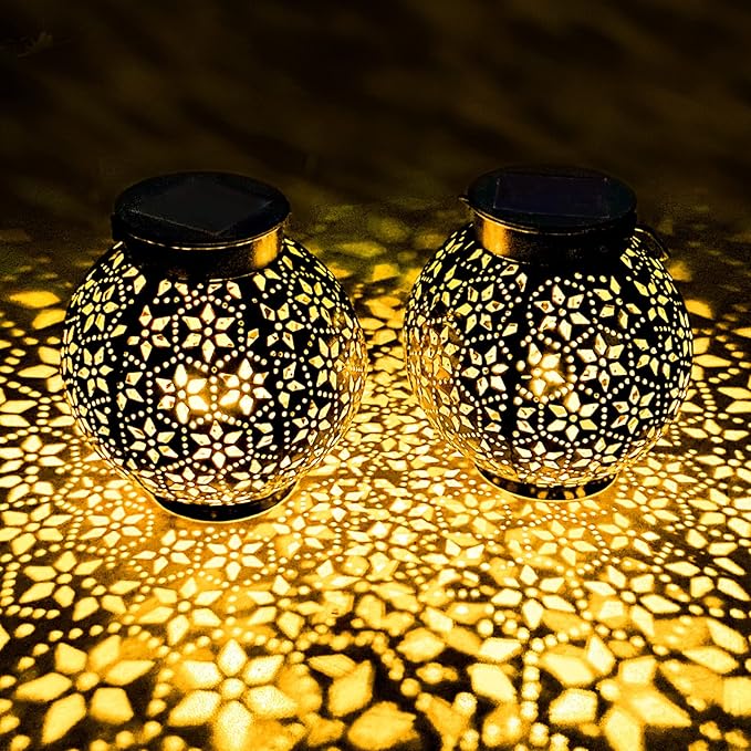 2 Pack Outdoor Solar Lantern Lights, Waterproof Tabletop LED Moroccan Lanterns, Hanging Metal Decorative Garden Lights for Patio, Lawn, Porch, Backyard-CasaMuseHome