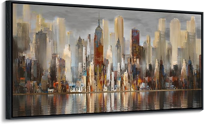 Abstract Brown New York City canvas Wall Art Framed Large Wall Art for Living Room Modern Paintings for Bedroom Cityscape New York Wall Decor Artwork Wall Pictures for Office and Bedroom 24×48in-CasaMuseHome