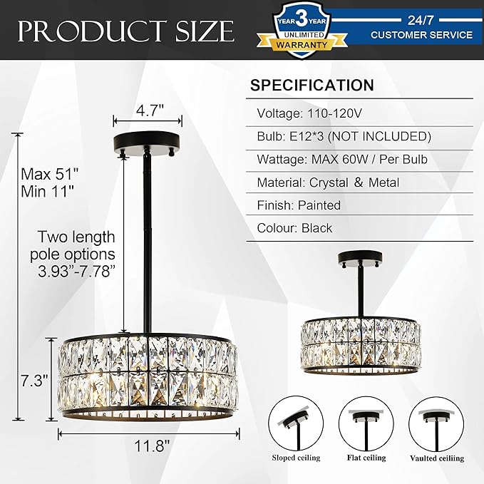 12” 3-Light Modern Crystal Chandeliers Black Dinning Room Light Fixture with Two Poles, Round Pendant Light Kitchen Island Chandelier, Flush Mount Ceiling Light for Living Room Entryway-CasaMuseHome