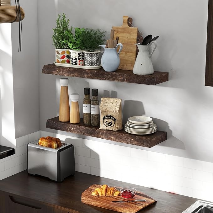 30" Floating Shelves, Live Edge Solid Elm Wood Floating Shelf, Wall Mounted Display Shelves with Heavy-Duty Bracket for Books, Rustic Wooden Shelf for Kitchen, Bathroom, Walnut Color, Set of 2-CasaMuseHome
