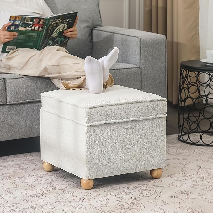 Adeco 17 Inch High Faux Fur White Cube Ottoman Storage, 3D Embossed Velvet Chair Foot Stools, Upholstered Vanity Stool with Hinged Lid, Solid Round Wood Legs-CasaMuseHome