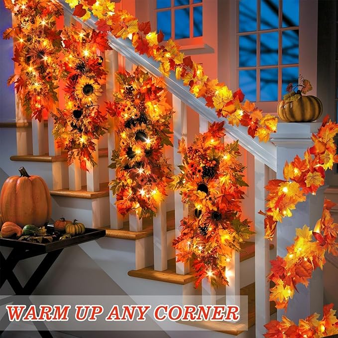 4 Pack Fall Decor Garland - Fall Thanksgiving Decorations for Home - 23.6Ft Maple Leaves Garland with Lights Battery Operated for Mantle Fireplace Table Indoor Outdoor Autumn Halloween Christmas Decor-CasaMuseHome