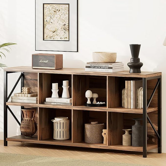 8 Cube Storage Organizer Bookshelf, Industrial Horizontal Bookcase, Accent Cubby Shelf, Media Console Table for Living Room, Home Office, 63 Inches, Light Oak-CasaMuseHome