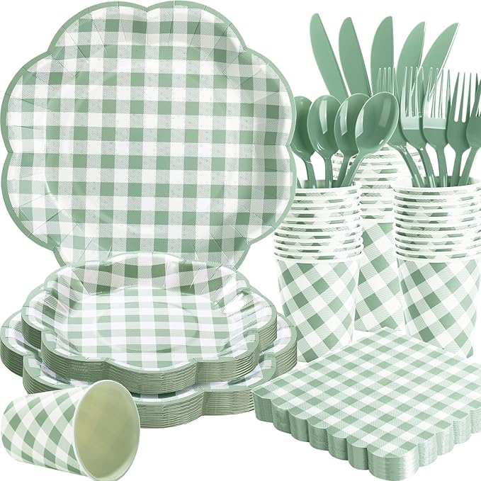 175 Pcs Sage Green Gingham Paper Plates and Napkins Party Supplies - Sage Green and White Checkered Plates Scalloped Plaid Plate for Birthday Dinner Picnic BBQ Party Decorations, Serve 25 Guests-CasaMuseHome