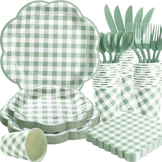 175 Pcs Sage Green Gingham Paper Plates and Napkins Party Supplies - Sage Green and White Checkered Plates Scalloped Plaid Plate for Birthday Dinner Picnic BBQ Party Decorations, Serve 25 Guests-CasaMuseHome