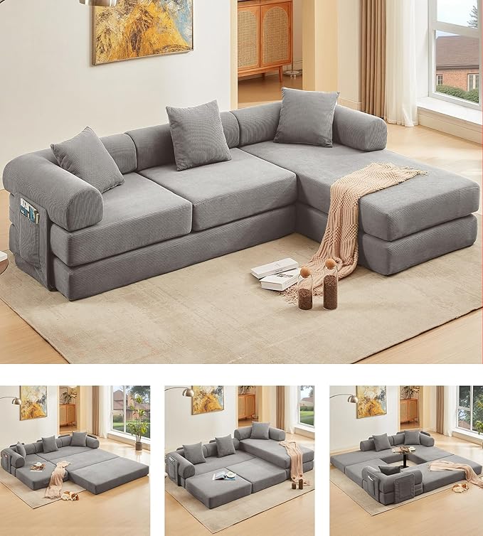 107" Oversized Convertible Sleeper Sofa Bed, Corduroy L Shape Sectional Couch, Folding Sofa Bed with Side Pocket, Modern Cloud Floor Mattress Couch, Modular Sofa for Living Room, Grey-CasaMuseHome