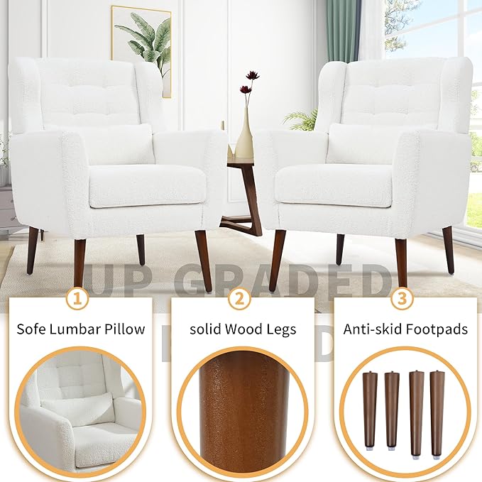 Accent Chair Set of 2, Upholstered Armchair with Pillow, Teddy Single Sofa with Lounge Seat and Wood Legs for Living Room Small Spaces-CasaMuseHome