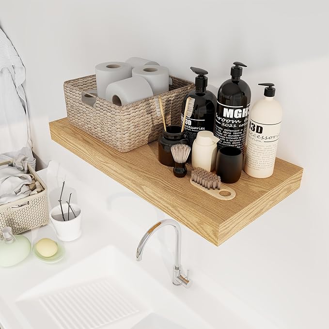 12 Inch Deep Floating Shelves, 24 x 12 Floating Shelf for Books, Rustic Wood Deep Wall Shelves for Home Storage & Display, 2" Thicked Shelves for Kitchen, Living Room, Bedroom, Oak Color, 2 Pack-CasaMuseHome