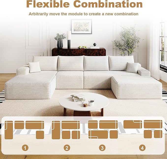 136" Sectional Couches for Living Room Modern Modular Sofa with L-Shape Couchs Upholstered Boneless Couch Deep Seat Sectional Couch with Chaise (White, Left Facing Chaise+3Seaters+Ottoman)-CasaMuseHome