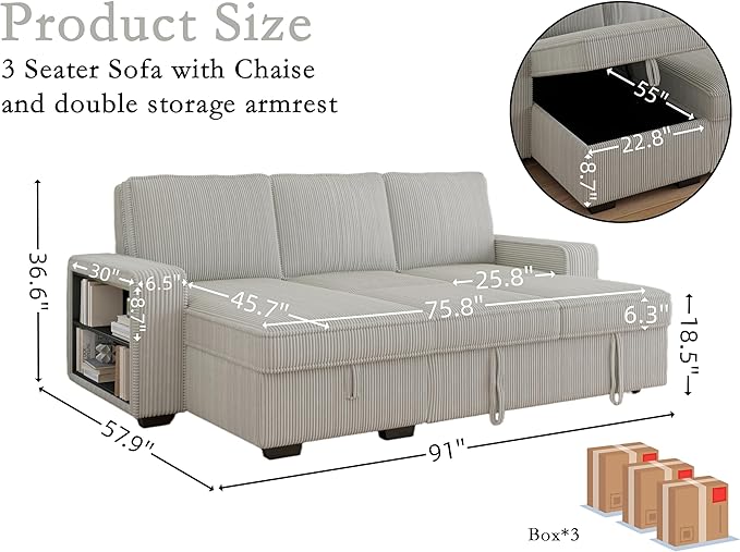 91-inch Reversible Sectional Sleeper-CasaMuseHome