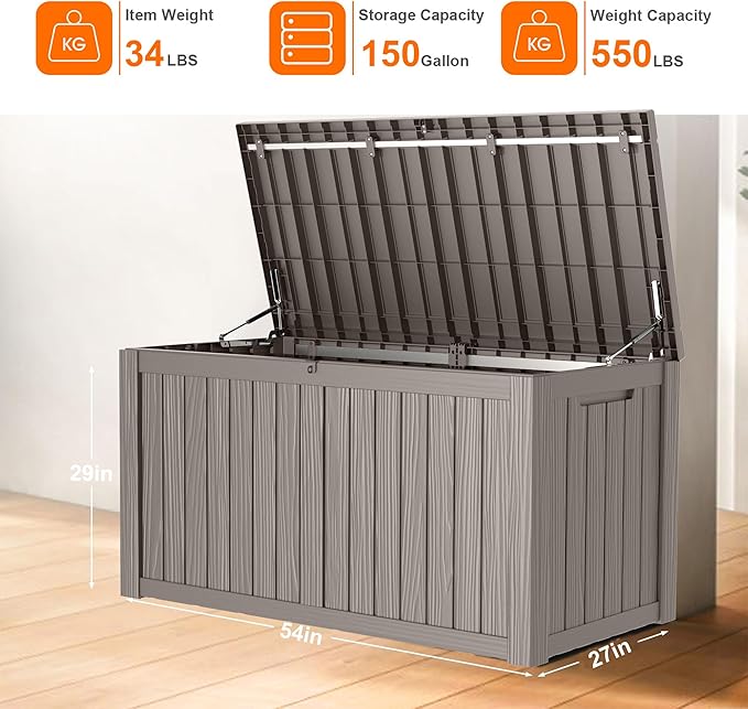 150 Gallon Resin Deck Box, Lockable Patio Outdoor Storage Box for Furniture, Garden Tools and Tools Storage, Waterproof Outside Storage Boxes - Grey-CasaMuseHome