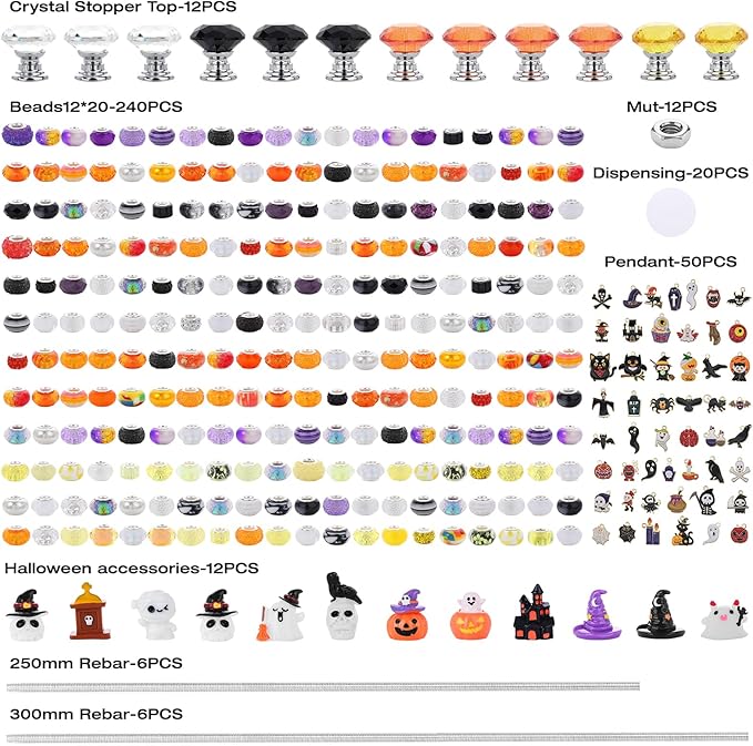 358PCS Halloween Beaded Garden Stakes, DIY Halloween Fairy Wand Garden Stake Decorative Kit with 12 in or 10 in Threaded Rod, Crystal Top, Large Holes Bead, Pendant for Outdoor or Indoor Decoration-CasaMuseHome