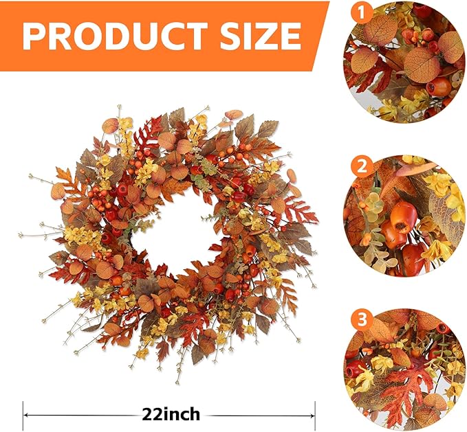 22 inch Artificial Fall Wreaths for Front Door,Autumn Wreath with Large red Berries and Fall Leaves Suitable for Indoor Outdoor Wall Porch Harvest Festival Thanksgiving Day Farmhouse Holiday Decor.-CasaMuseHome